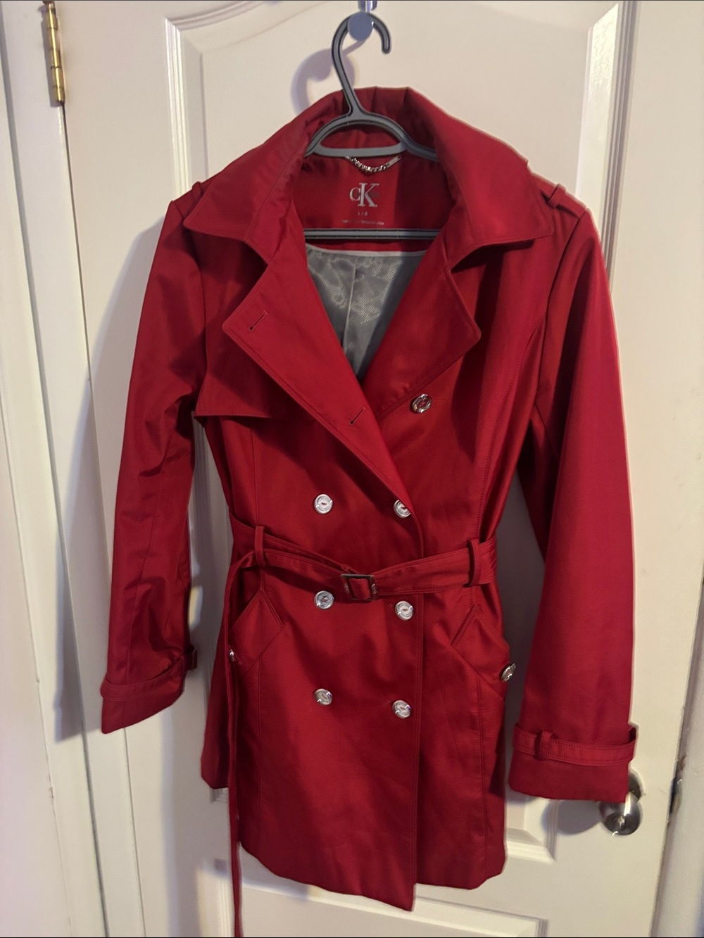 Calvin Klein Red Double-Breasted Hooded Trench Coat with Belt